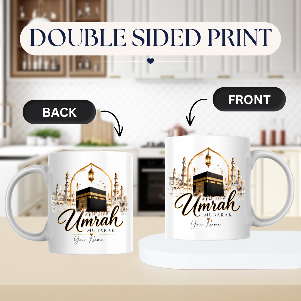 Personalised Umrah Mubarak Mug 325ml Ceramic Coffee Tea Cup – Custom Name, Golden Kaaba & Masjid Al-Haram Architecture Religious Pilgrimage Gift for Family, Friends, Hajj, Umrah Celebration – Fast Dispatch by UK Seller (M3484)