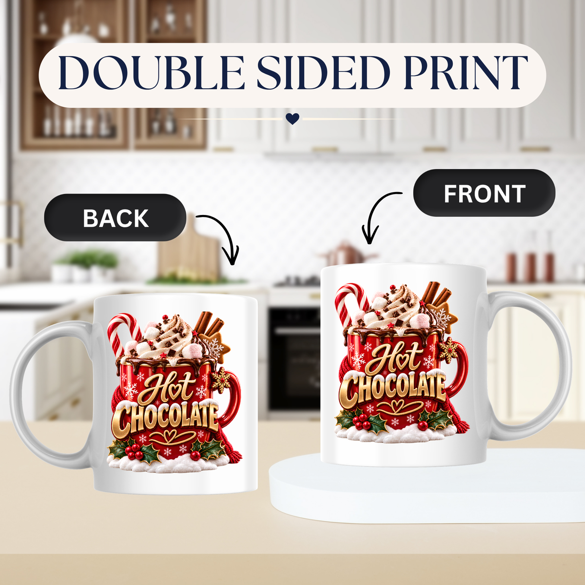 Christmas Mug "Hot Chocolate" Hot Chocolate 325ml Ceramic Coffee Mug – Festive Red Mug with Marshmallows, Candy Cane, Cinnamon & Whipped Cream Art | Winter Holiday Gift | Fast Dispatch by UK Seller (M3359)