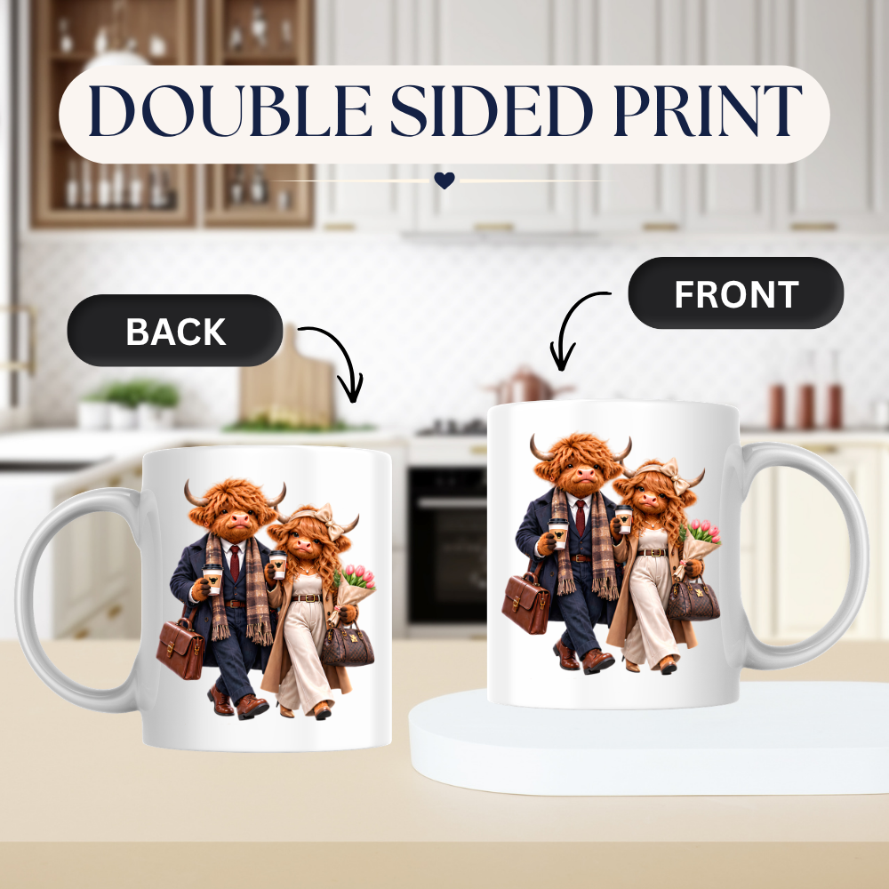 Highland Cow Mug "Dressed To Impress Highland Cow Couple" 325ml Ceramic Coffee Mug – Stylish Highland Cow Couple in Suits Trench Coats Carrying Coffee Romantic Gift For Couples Anniversaries | Available in Multicolours | Fast Dispatch by UK Seller (M3259)