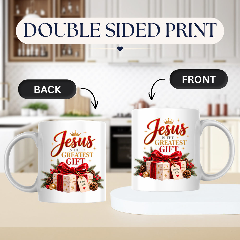 Christmas Mug "Jesus Is The Greatest Gift John 3:16" Jesus Is The Greatest Gift 325ml Ceramic Coffee Mug – Festive Christian Typography Mug With Gift Box Crown Holiday Gift | Available in Multicolours | Fast Dispatch by UK Seller (M3317)