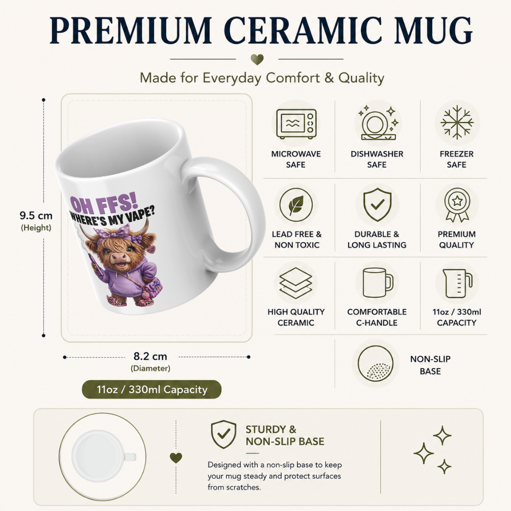 Funny Highland Cow "Where's My Vape" Coffee Mug - Sarcastic Meme Animal Ceramic Tea Cup for Vapers & Novelty Gift (M1205)