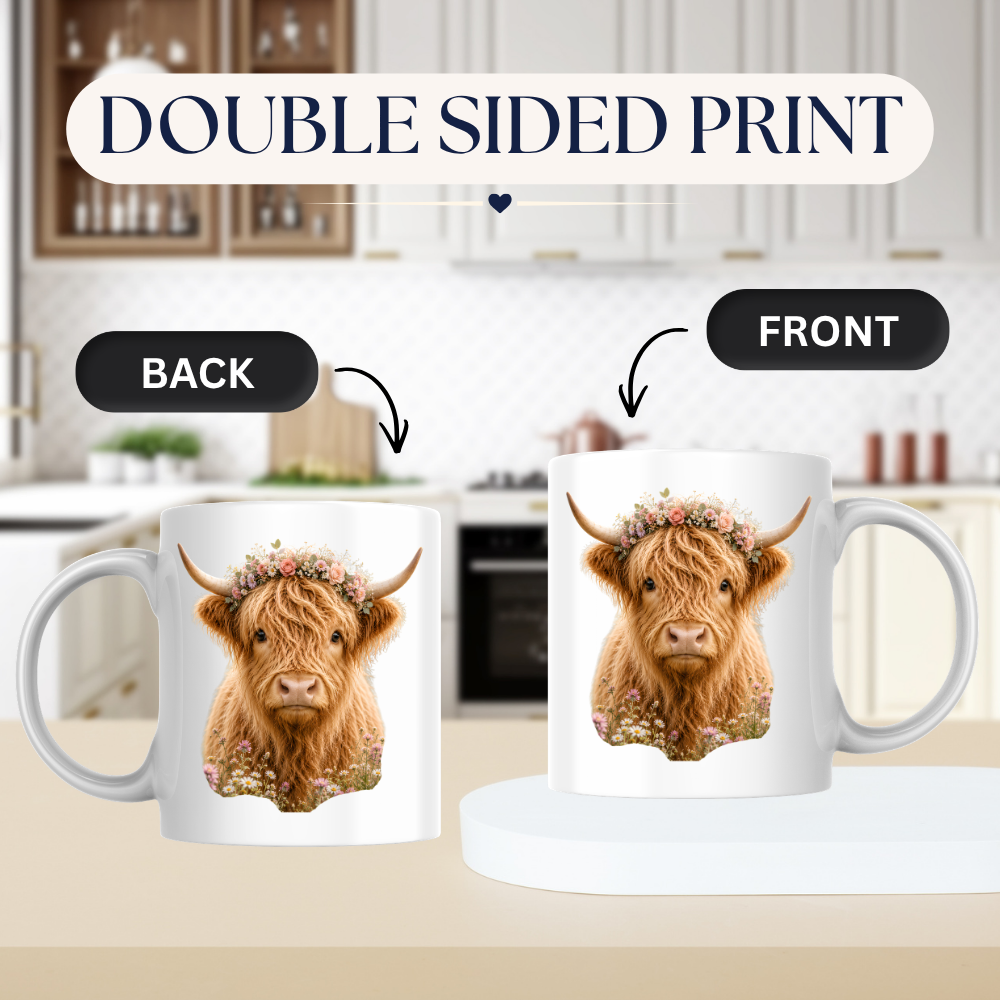 Floral Mug "Boho Highland Cow" Floral Crown Highland Cow 325ml Ceramic Coffee Mug Pretty Botanical Tea Cup with Pink Rose Flower Crown Graphic Gift | Available in Multicolours | Fast Dispatch by UK Seller (M3152)