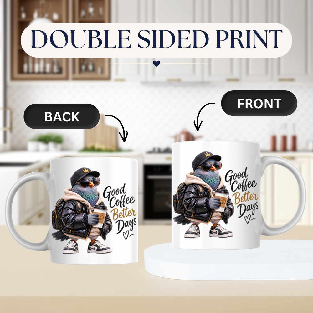 Coffee Mug "Good Coffee Better Days Cool Pigeon" 325ml Ceramic Coffee Mug – Cool Pigeon in Cap, Sunglasses, Puffer Jacket Sneakers Funny Streetwear Bird Mug Gift For Coffee Lovers Friends | Available in Multicolours | Fast Dispatch by UK Seller (M3234)