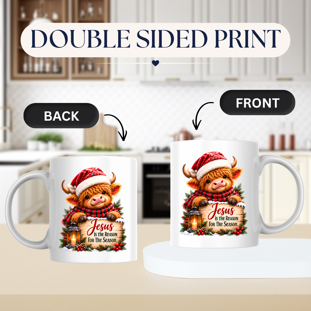Religious Christmas Mug "Jesus Is The Reason For The Season" Highland Cow Jesus Is The Reason For The Season 325ml Ceramic Coffee Mug – Cute Highland Cow Santa Mug with Sign, Lantern & Berries | Festive Religious Gift | Fast Dispatch by UK Seller (M3351)