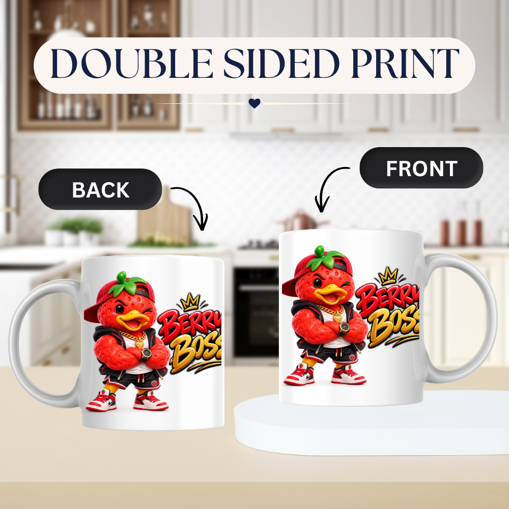 Boss Mug "Berry Boss Cool Strawberry Duck" 325ml Ceramic Coffee Mug – Cool Winking Strawberry Duck in Cap, Hoodie, Gold Chain, Watch Sneakers Streetwear Gift For Bosses Friends Coffee Lovers | Available in Multicolours | Fast Dispatch by UK Seller (M3258)