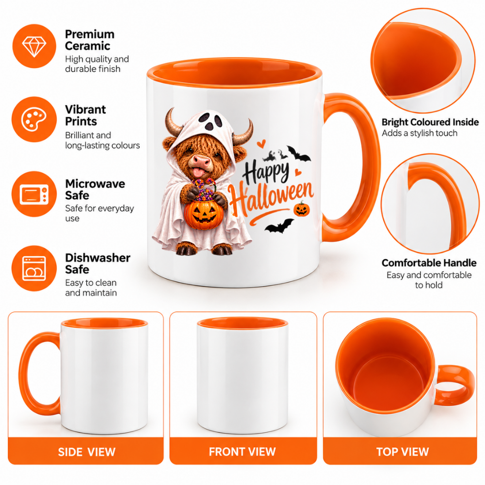 Halloween Mug "Highland Cow Ghost Happy Halloween" Highland Cow Ghost Happy Halloween 325ml Ceramic Coffee Mug – Cute Halloween Autumn Tea Cup With Ghost Sheet Highland Cow Trick Or Treat Sweets Bats Graphic Gift | Fast Dispatch by UK Seller (M3217)