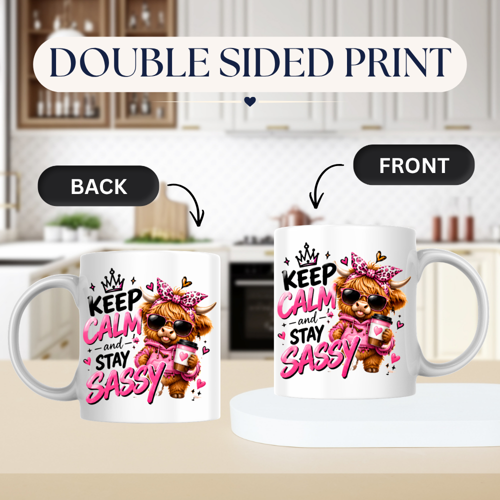 Highland Cow Mug "Keep Calm And Stay Sassy" 325ml Ceramic Coffee Tea Cup – Pink Leopard Bow, Hoodie, Coffee & Slogan Novelty Gift for Bestie, Women, Birthday – Fast Dispatch by UK Seller (M3503)