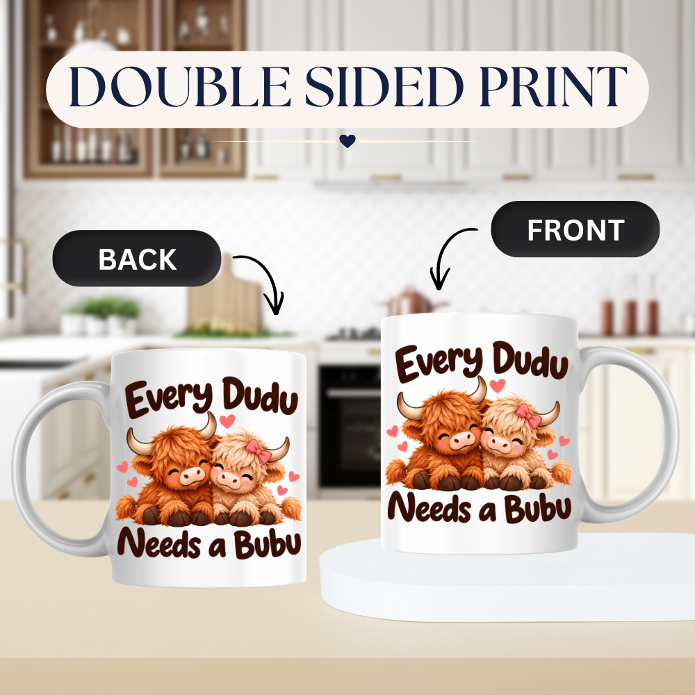 Cute Highland Cow Mug "Every Dudu Needs A Bubu" Every Dudu Needs A Bubu 325ml Ceramic Coffee Mug – Adorable Cuddling Couple Highland Cows with Pink Bow & Floating Hearts | Romantic Couple Gift | Fast Dispatch by UK Seller (M3455)