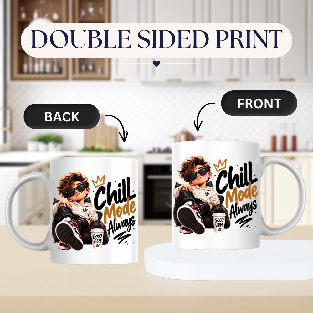 Chill Mug "Chill Mode Always" 325ml Ceramic Coffee Tea Cup – Cool Boy Graphic, Sunglasses, Hoodie & Good Vibes Slogan Novelty Gift for Bestie, Teens, Birthday – Fast Dispatch by UK Seller (M3497)