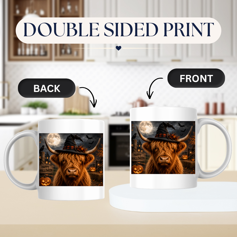 Spooky Mug "Spooky Witch Highland Cow" Witchy Highland Cow 325ml Ceramic Coffee Mug Gothic Halloween Tea Cup with Witch Hat and Full Moon Graphic Gift | Available in Multicolours | Fast Dispatch by UK Seller (M3158)