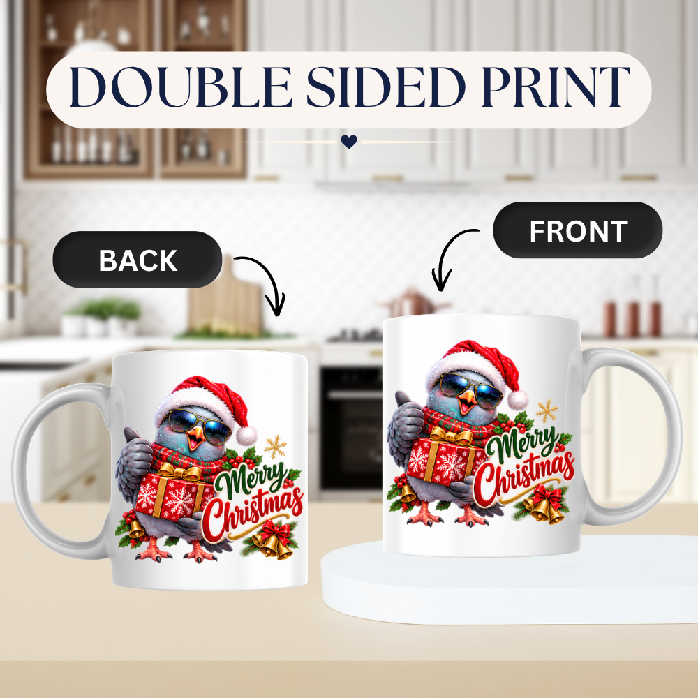 Christmas Mug "Merry Christmas Cool Pigeon" Merry Christmas 325ml Ceramic Coffee Mug – Cool Winking Pigeon in Santa Hat, Sunglasses, Scarf Holding Wrapped Christmas Gift Festive Holiday Gift | Available in Multicolours | Fast Dispatch by UK Seller (M3265)