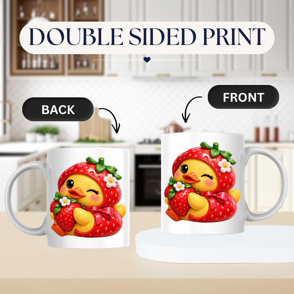 Cute Duck Mug "Winking Strawberry Duckling" Cute Winking Duckling in Strawberry Costume 325ml Ceramic Coffee Mug – Adorable Yellow Duck Hugging Fresh Strawberry Sweet Gift | Available in Multicolours | Fast Dispatch by UK Seller (M3289)