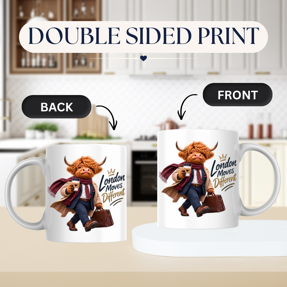 London Mug "London Moves Different Gentlemen Highland Cow" 325ml Ceramic Coffee Mug – Dapper Gentleman Highland Cow Commuter With Coffee Leather Briefcase Trench Coat Office Gift | Available in Multicolours | Fast Dispatch by UK Seller (M3283)