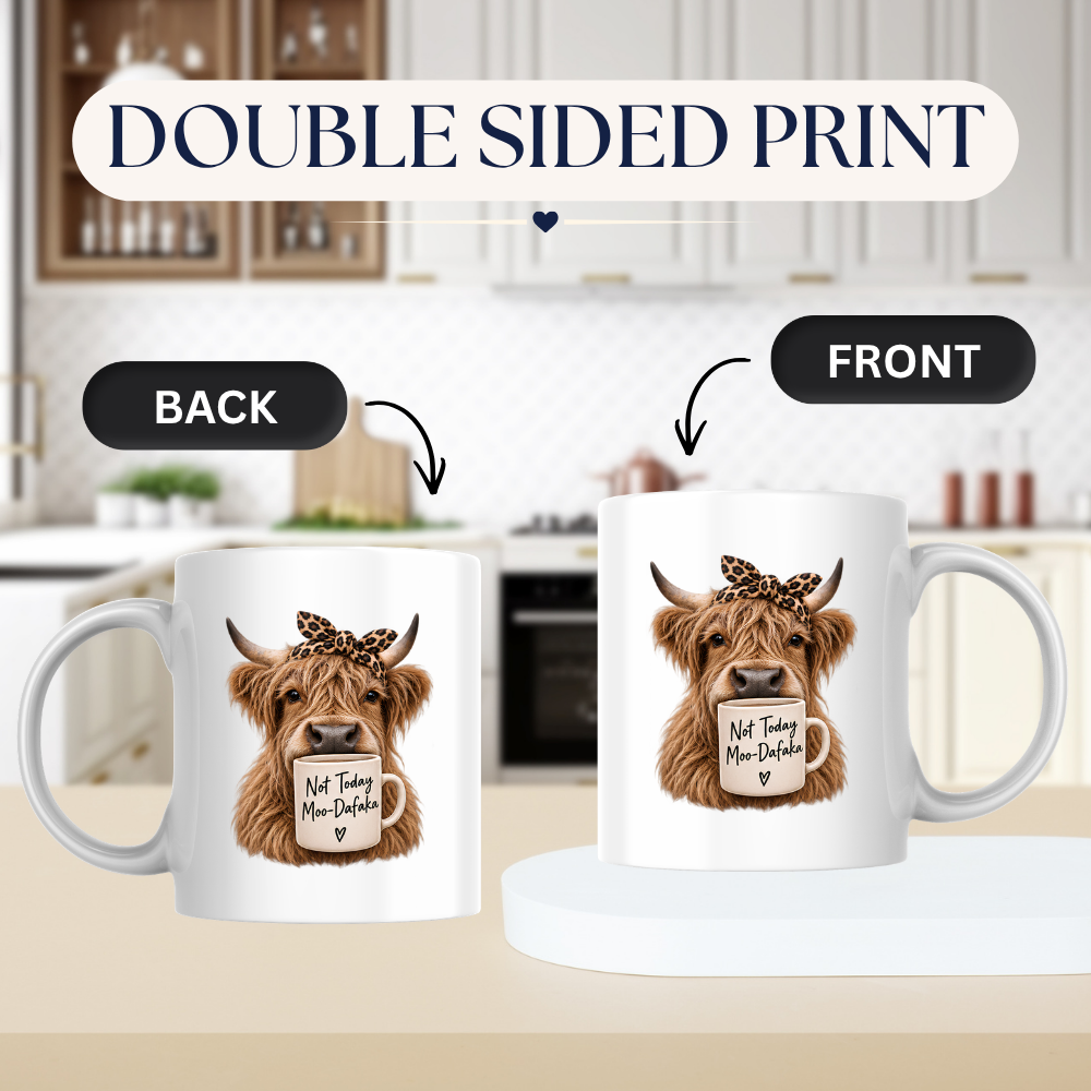 Sarcastic Mug "Not Today Moo-Dafaka" Highland Cow 325ml Ceramic Coffee Mug Funny Cow Tea Cup with Leopard Print Bow & Mini Mug Graphic Gift | Available in Multicolours | Fast Dispatch by UK Seller (M3006)