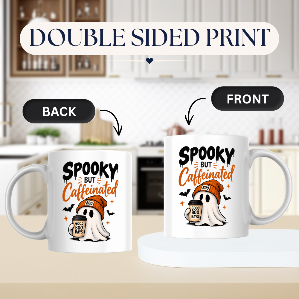 Halloween Mug "SPOOKY BUT Caffeinated" Cute Ghost 325ml Ceramic Coffee Mug – Novelty Autumn Beanie Ghost Tea Cup with Coffee Cup & Bats Graphic Gift | Available in Multicolours | Fast Dispatch by UK Seller (M3068)