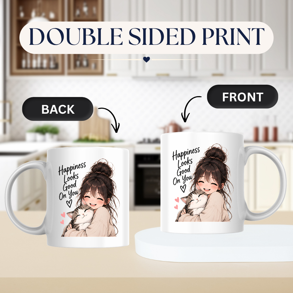 Inspirational Anime Mug "Happiness Looks Good On You" Cute Anime Girl & Cat 325ml Ceramic Coffee Mug Wholesome Kitten Tea Cup with Cute Girl Hugging Cat Graphic Gift | Available in Multicolours | Fast Dispatch by UK Seller (M3024)