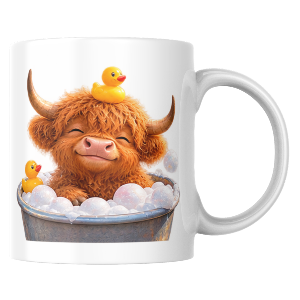 Cute Baby Highland Cow in Bubble Bath Coffee Mug - Rubber Duck Farm Animal Ceramic Tea Cup for Relaxation & Bath Time Gift (M1218)
