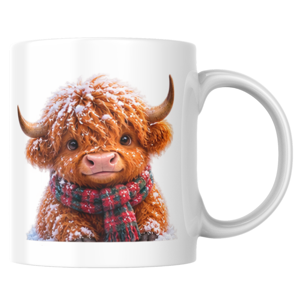 Winter Snow Highland Cow Coffee Mug - Fluffy Baby Animal in Plaid Scarf Ceramic Tea Cup for Christmas & Cozy Holiday Decor (M1215)