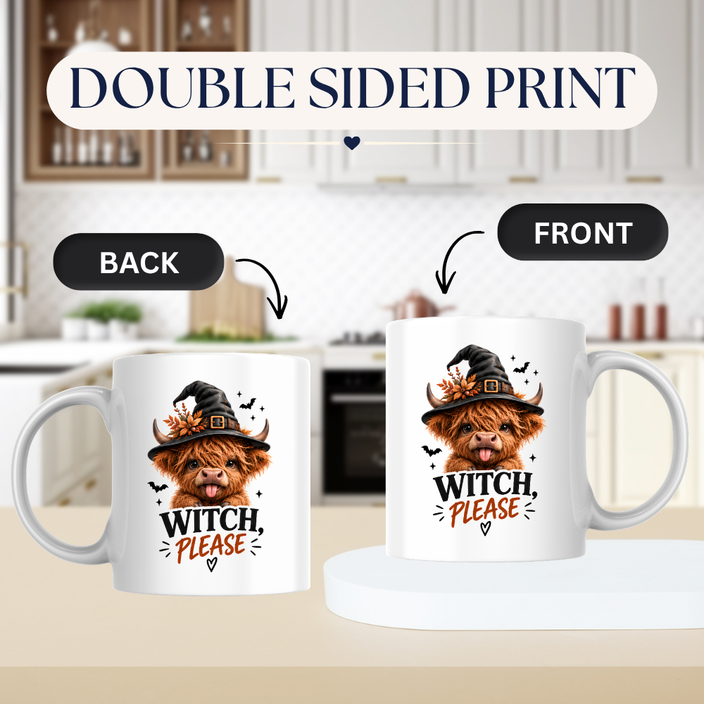 Sassy Halloween Highland Cow Mug "Witch, Please" Graphic 325ml Ceramic Coffee Cup Cute Highland Cow in Witch Hat with Bats Novelty Tea Cup | Funny Spooky Season Gift for Her | Available in Multicolours | Fast Dispatch by UK Seller (M3133)