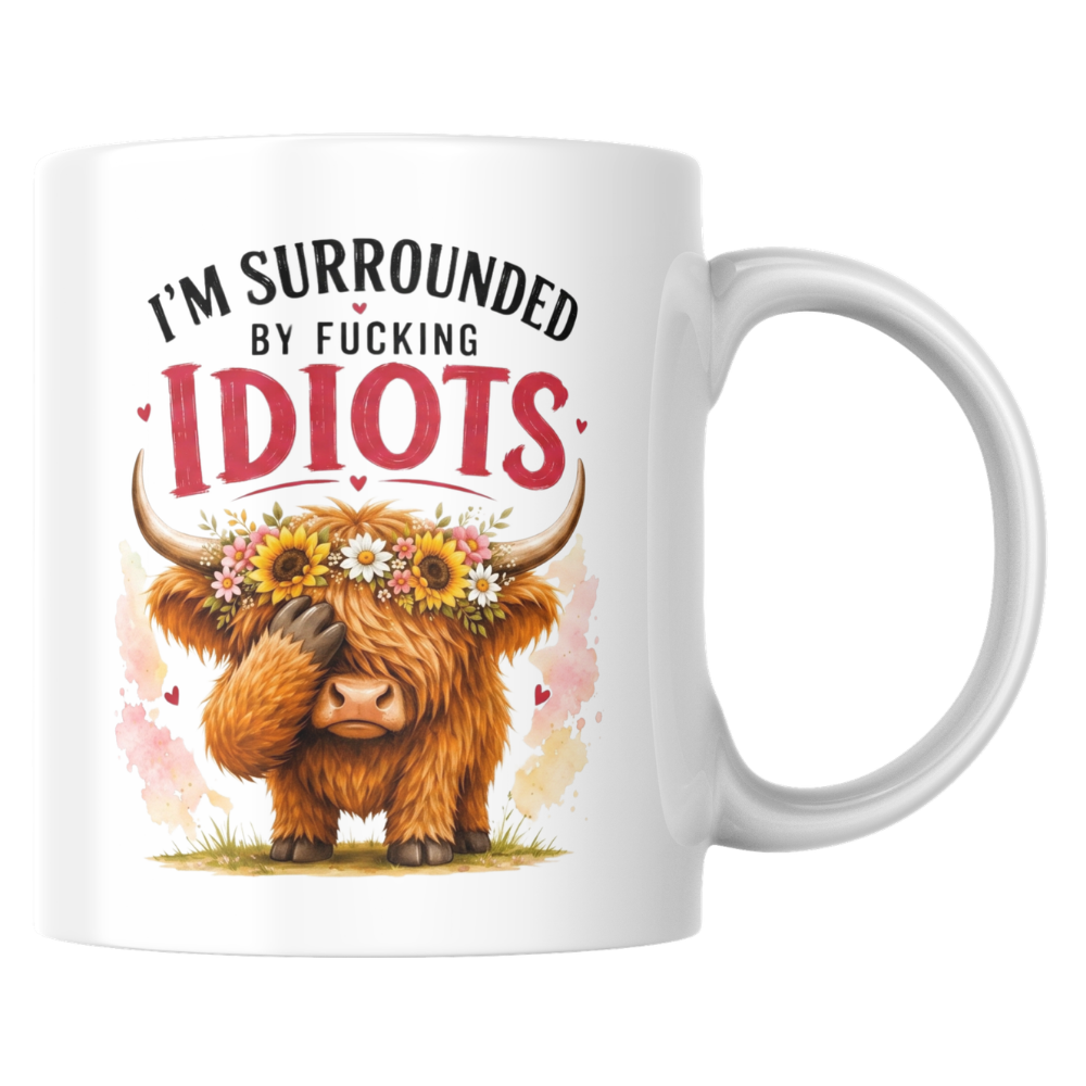 Funny Facepalm Highland Cow "I'm Surrounded by Fucking Idiots" Coffee Mug - Sarcastic Farm Animal Ceramic Tea Cup with Sunflower Crown & Relatable Meme Quote Gift (M1210)