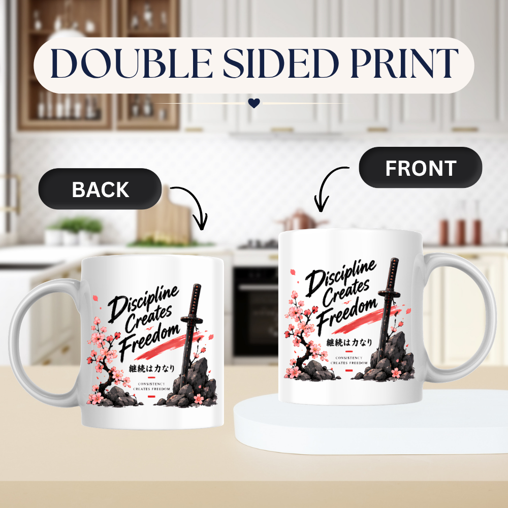 Inspirational Japanese Katana Mug "Discipline Creates Freedom" Cherry Blossom 325ml Ceramic Coffee Mug – Samurai Sword Tea Cup with Kanji Rock Graphic Gift | Available in Multicolours | Fast Dispatch by UK Seller (M3042)