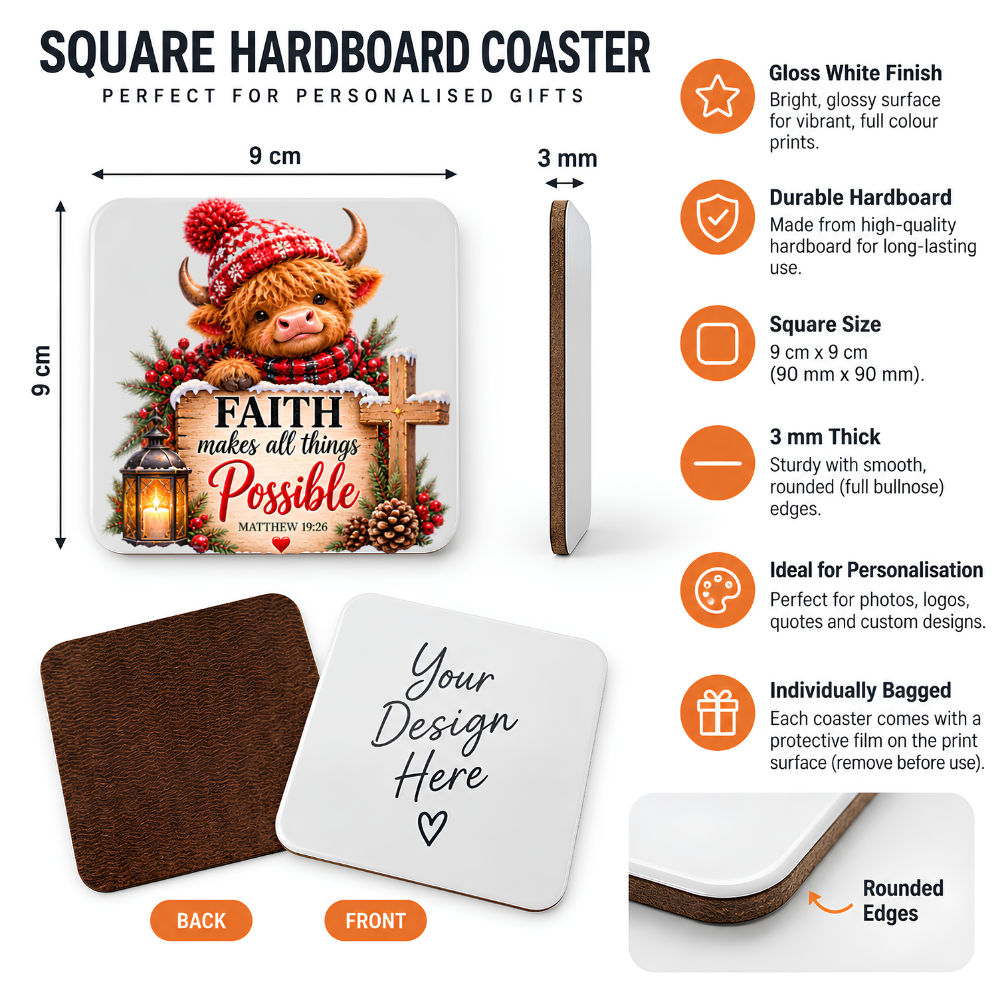 Inspirational Religious Highland Cow Hardboard Coaster "Faith Makes All Things Possible" Graphic 9cm x 9cm Square Drinks Coaster – Cute Cow in Bobble Hat, Cross, Lantern & Scripture Novelty Mat | Christian Glossy Gift | Fast Dispatch by UK Seller (C3040)