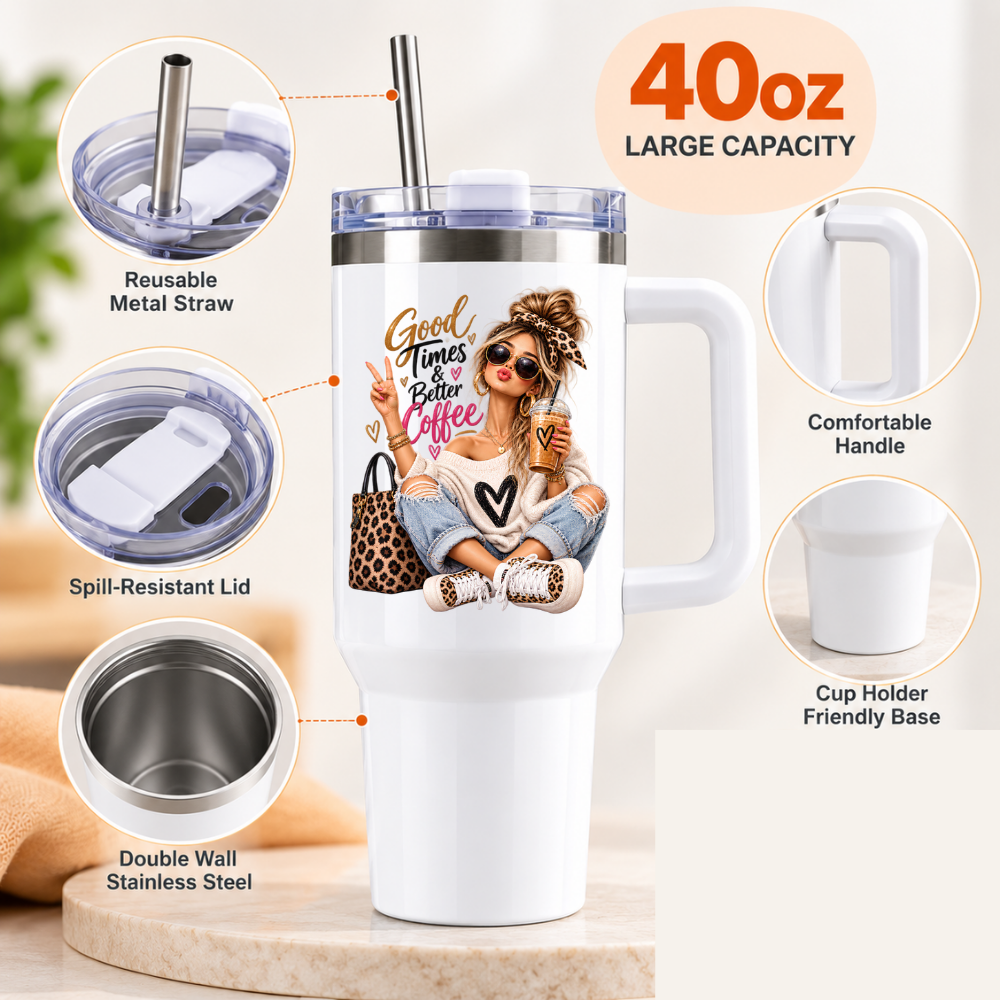 Sassy Fashion Travel Tumbler "Good Times & Better Coffee" Graphic 40oz Stainless Steel Insulated Travel Mug with Handle & Straw – Trendy Girl with Peace Sign, Leopard Headband, Handbag & Iced Coffee Novelty Travel Cup | Fast Dispatch by UK Seller (T3018)