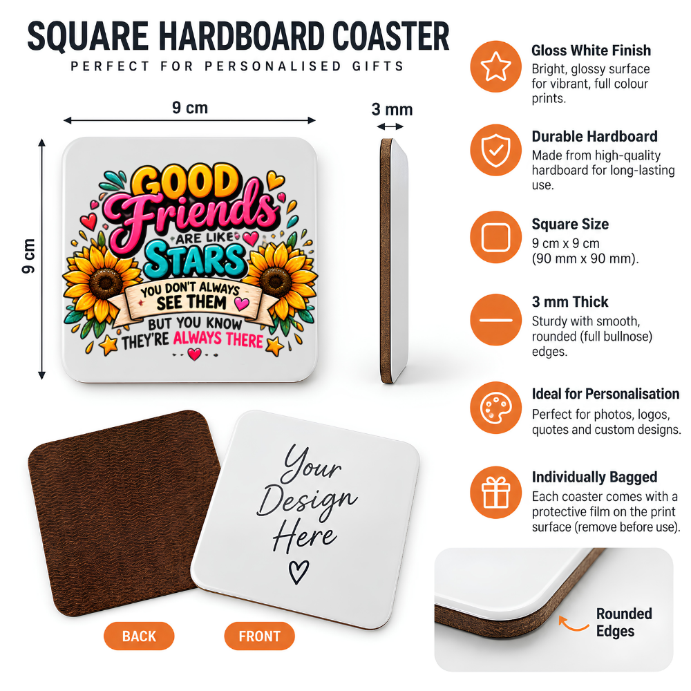 Best Friends Coaster "Good Friends Are Like Stars You Don't Always See Them But You Know They're Always There" Graphic Glossy Hardboard 9x9cm Drinks Mat – Sunflower Bestie Quotes Holiday Tableware Gift | Fast Dispatch by UK Seller (C3066)