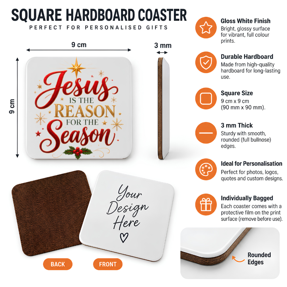 Inspirational Religious Hardboard Coaster "Jesus Is The Reason For The Season" Graphic 9cm x 9cm Square Drinks Coaster "Red Script & Gold S