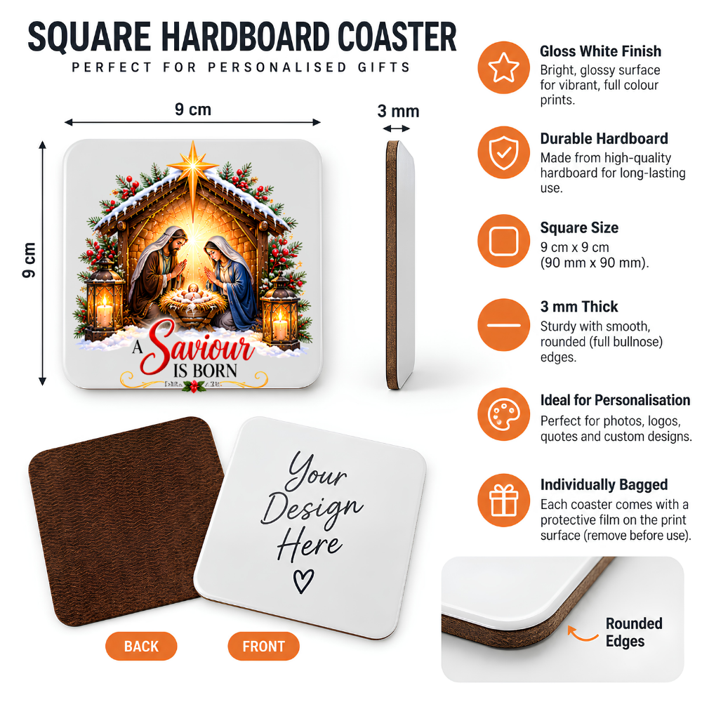 Christmas Nativity Hardboard Coaster "A Saviour Is Born" Graphic 9cm x 9cm Square Drinks Coaster “ Holy Family Manger Scene with Star of Bethlehem & Dual Candle Lanterns Novelty Mat | Christian Glossy Gift | Fast Dispatch by UK Seller (C3034)