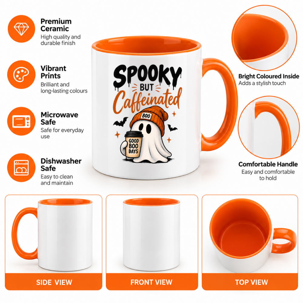 Halloween Mug "Spooky But Caffeinated Ghost" Spooky But Caffeinated Ghost 325ml Ceramic Coffee Mug – Cute Halloween Autumn Tea Cup with Beanie Coffee Cup Bats Typography Graphic Gift | Available in Multicolours | Fast Dispatch by UK Seller (M3202)