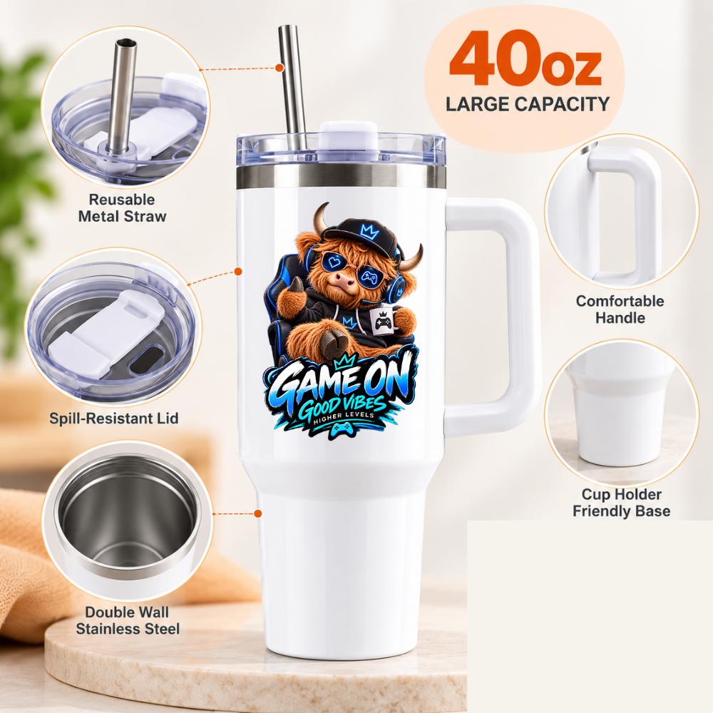 Funny Gaming Travel Tumbler "Game On Good Vibes Higher Levels" Graphic 40oz Stainless Steel Insulated Travel Mug with Handle & Straw – Highland Cow in Gaming Chair with Headset & Mug Novelty Gift for Gamers | Fast Dispatch by UK Seller (T3062)