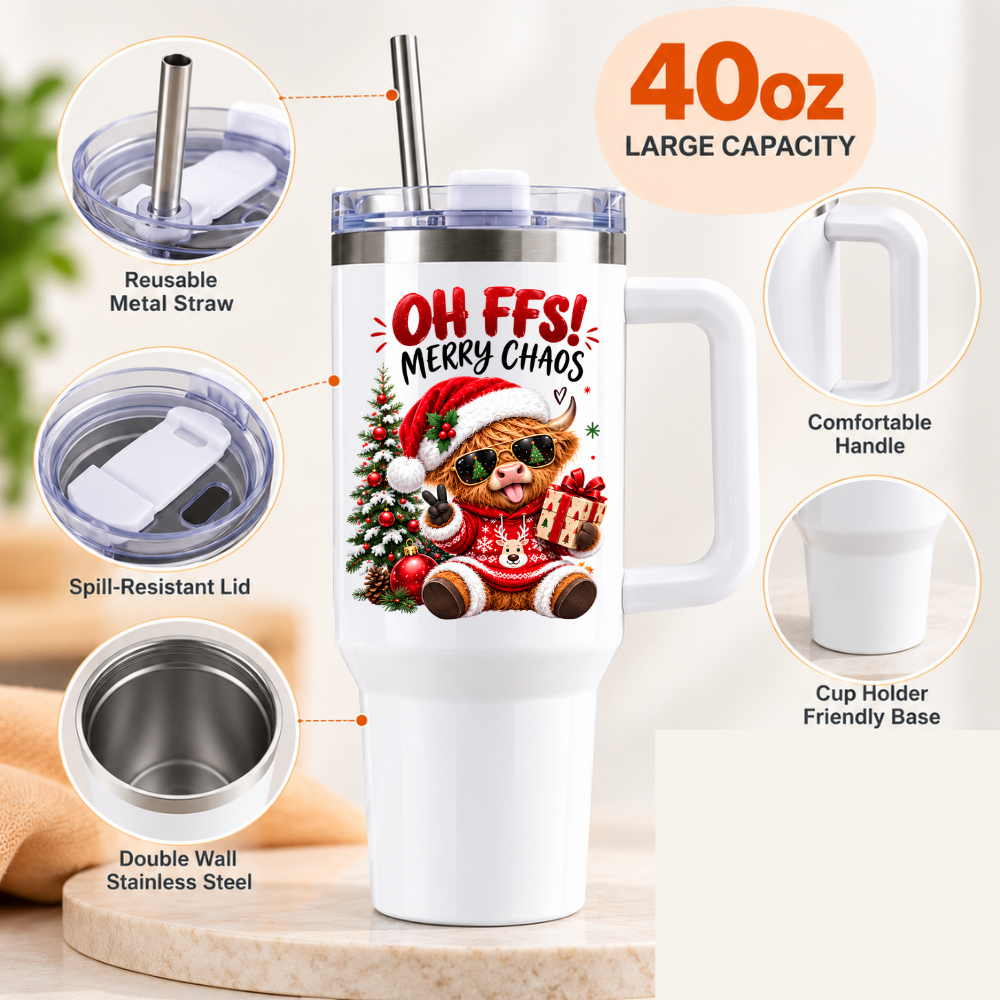 Festive Christmas Highland Cow Travel Tumbler "OH FFS! MERRY CHAOS" Graphic 40oz Stainless Steel Travel Mug with Handle & Straw – Funny Christmas Gift, Secret Santa, Stocking Filler, Cow in Santa Hat & Christmas Jumper | Fast Dispatch by UK Seller (T3046)