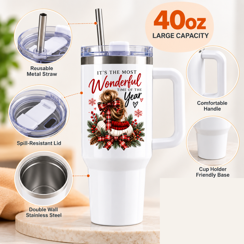Festive Christmas Travel Tumbler "It's the Most Wonderful Time of the Year" Graphic 40oz Stainless Steel Insulated Travel Mug with Handle & Straw – Cozy Woman Bun, Red Ribbon, Jumper & Pine Wreath Novelty Travel Cup | Fast Dispatch by UK Seller (T3037)