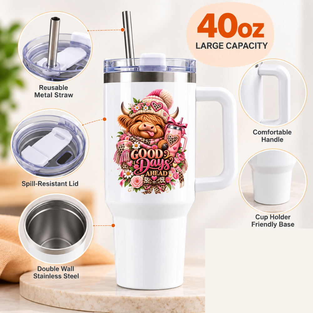 Cute Highland Cow Travel Tumbler "Good Days Ahead" Graphic 40oz Stainless Steel Insulated Travel Mug with Handle & Straw – Winter Calf in Pink Bobble Hat, Leopard Scarf & Pink Travel Mug Novelty Travel Cup | Fast Dispatch by UK Seller (T3004)