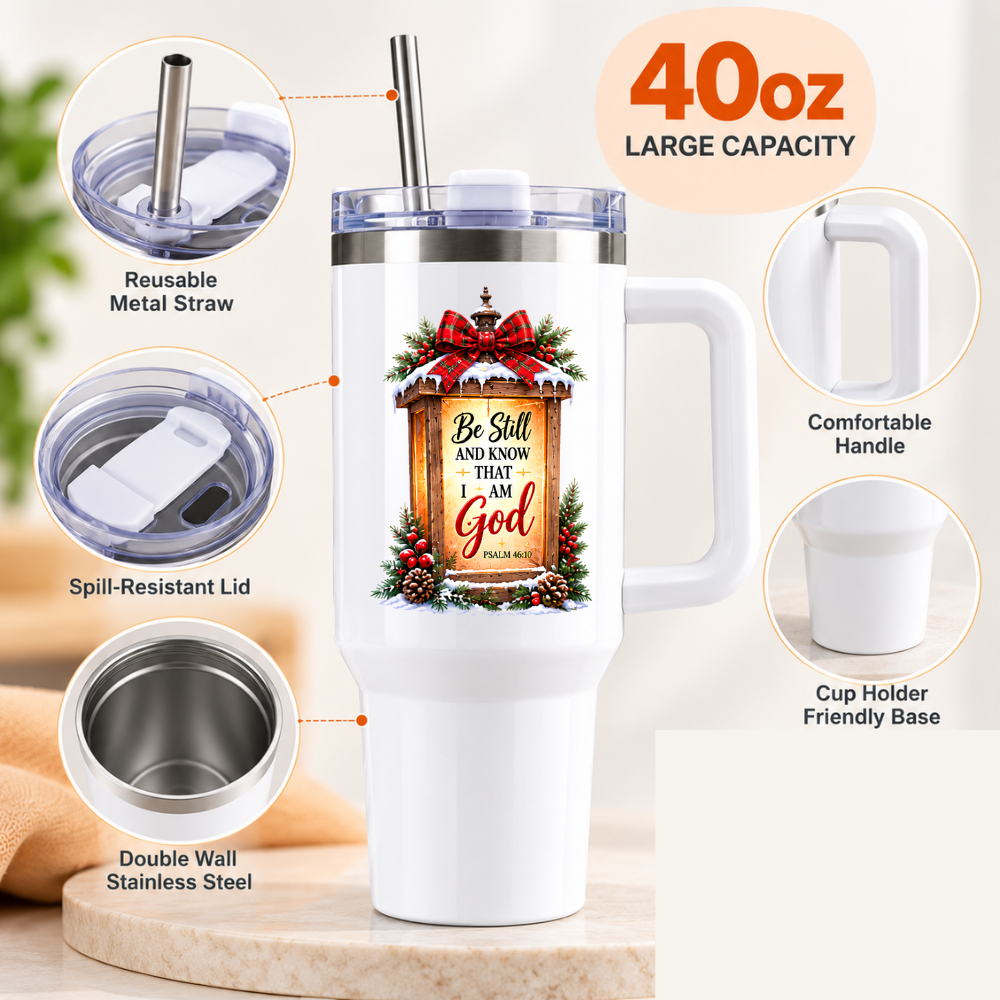 Inspirational Religious Travel Tumbler "Be Still And Know That I Am God" Graphic 40oz Stainless Steel Insulated Travel Mug with Handle & Straw “ Rustic Lantern with Tartan Bow, Pinecones & Holly Berries Novelty Cup | Fast Dispatch by UK Seller (T3010)