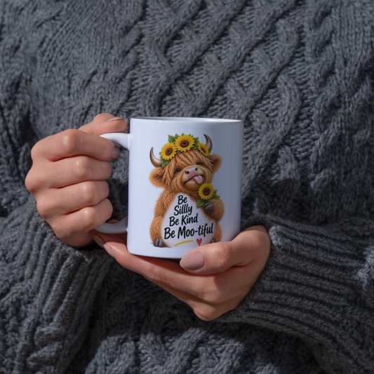 Uplifting Mug "Be Silly Be Kind Be Moo-tiful" Highland Cow Ceramic Coffee Mug - Cute Sunflower Farm Animal Tea Cup with Floral Crown Gift | Available in Multicolours | Fast Dispatch by UK Seller (M1224)