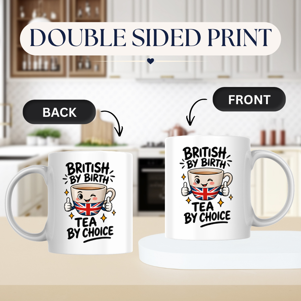 British Tea Mug "BRITISH BY BIRTH TEA BY CHOICE" Funny Tea Cup 325ml Ceramic Coffee Mug Witty Union Jack Tea Cup with Cartoon Character Gift | Available in Multicolours | Fast Dispatch by UK Seller (M3001)