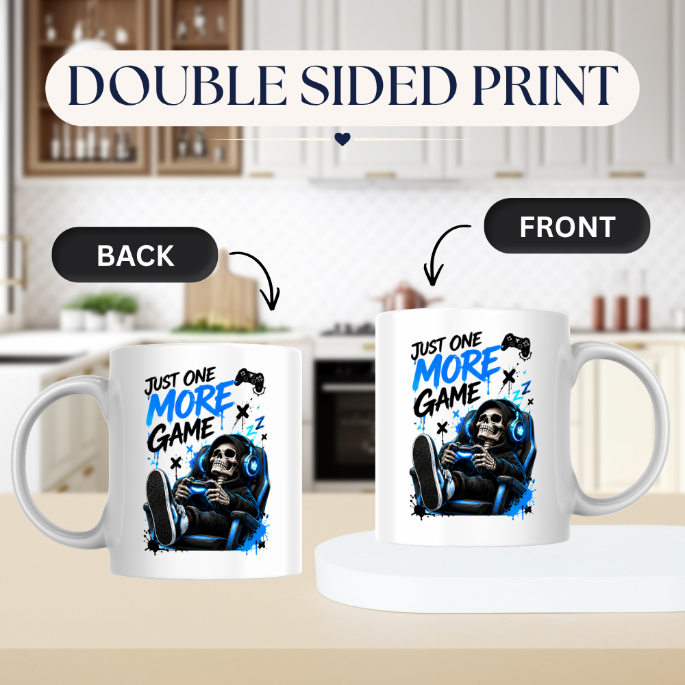 Gaming Mug "Just One More Game" Just One More Game 325ml Ceramic Coffee Mug – Gaming Skeleton in Chair Mug with Controller, Headset & Blue Splatter Art | Gamer Gift | Fast Dispatch by UK Seller (M3344)