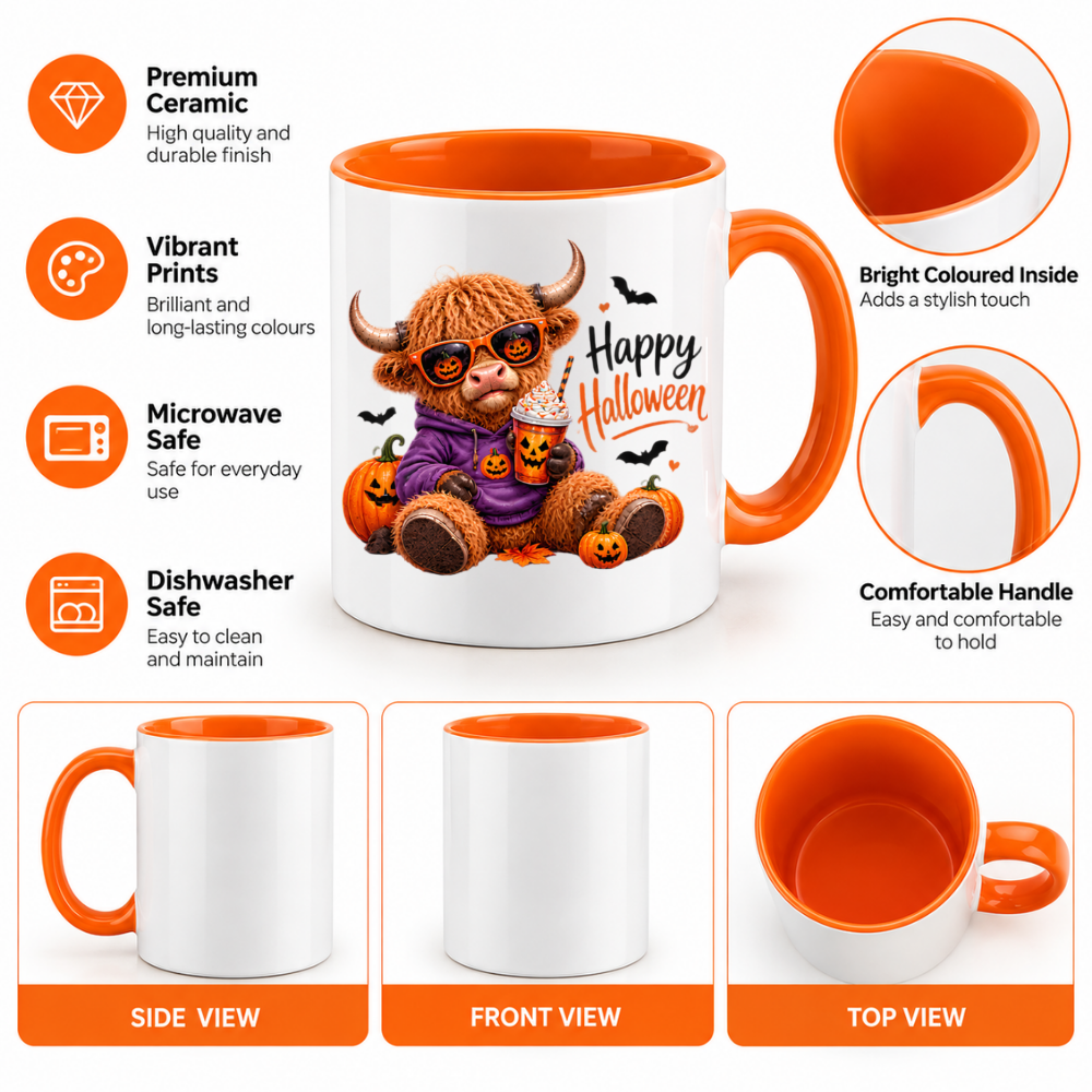 Halloween Mug "Highland Cow Hoodie Happy Halloween" Highland Cow Hoodie Happy Halloween 325ml Ceramic Coffee Mug – Cute Halloween Autumn Tea Cup Purple Hoodie Jack O Lantern Sunglasses Pumpkin Drink Graphic Gift | Fast Dispatch by UK Seller (M3219)