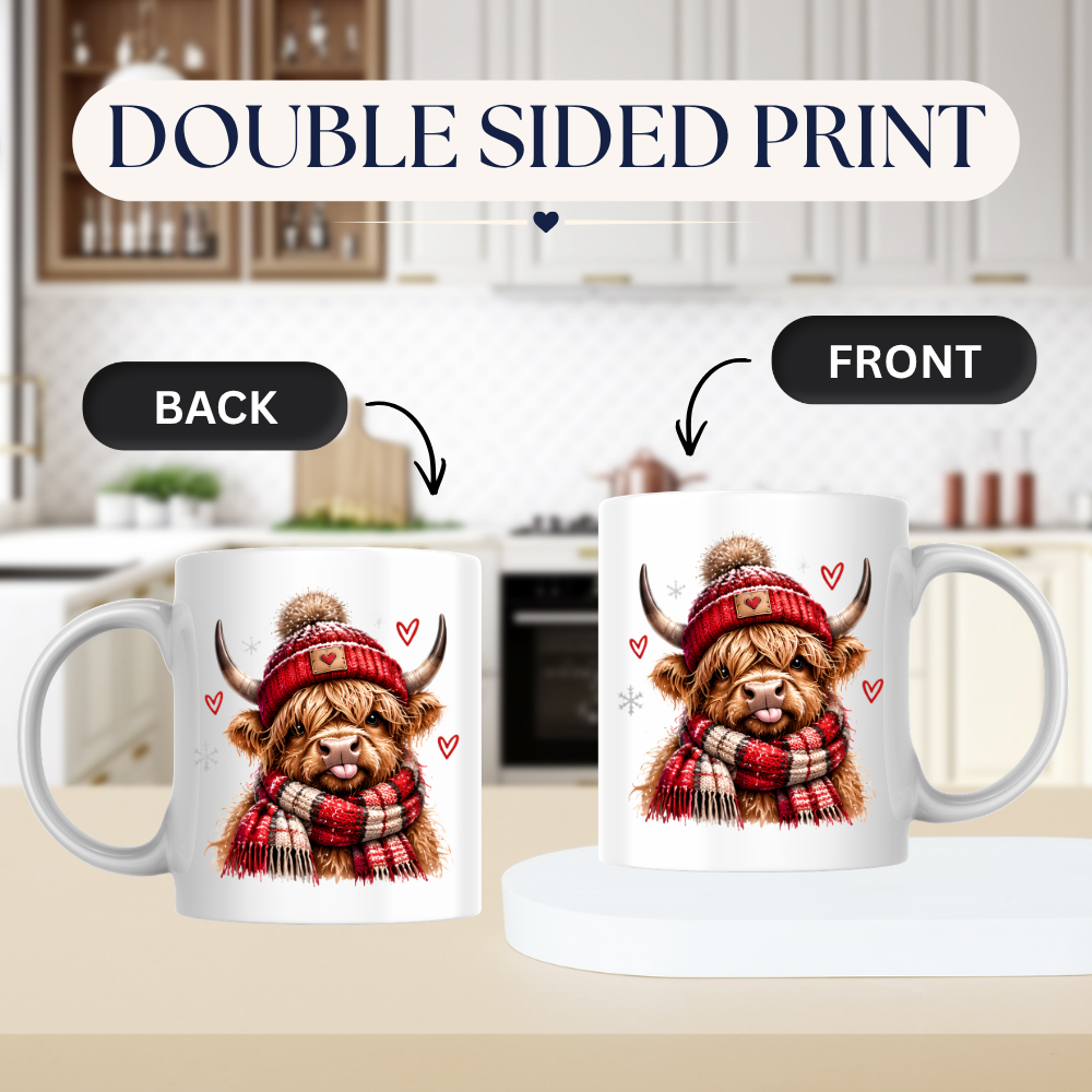 Highland Cow Winter Scarf Mug "Cozy Winter Highland Cow" Cozy Winter Highland Cow 325ml Ceramic Coffee Mug – Cute Highland Cow in Red Pom-Pom Beanie & Matching Tartan Scarf with Snowflakes & Hearts | Winter Gift | Fast Dispatch by UK Seller (M3396)
