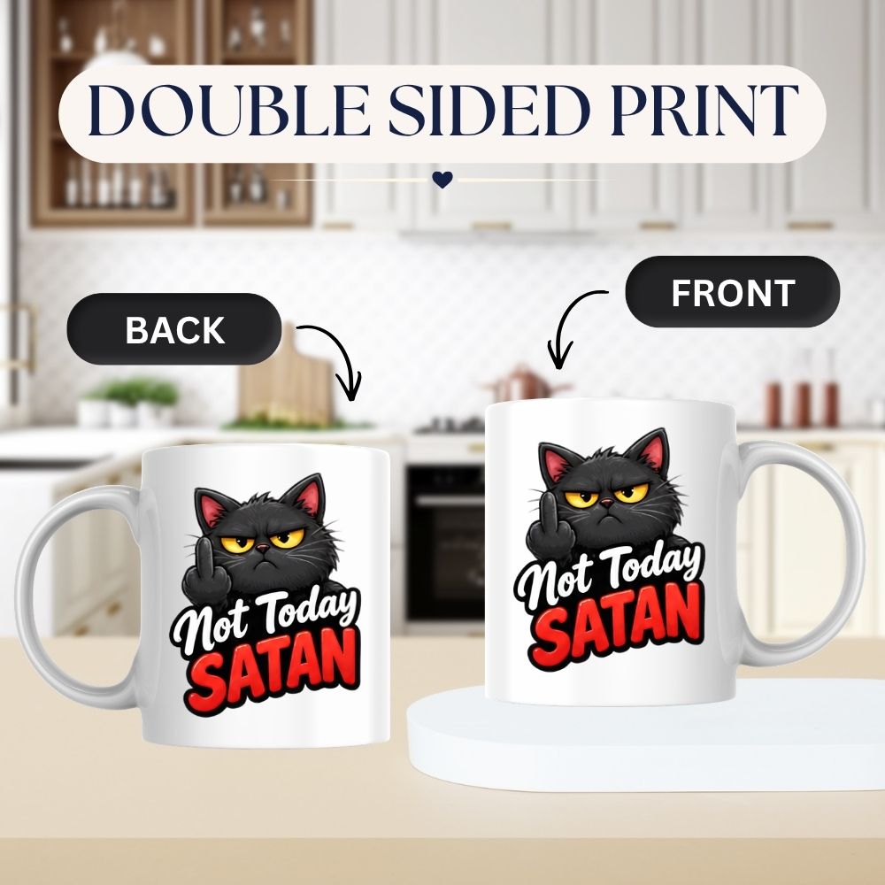 Sarcastic Mug "Not Today Satan" Funny Grumpy Black Cat 325ml Ceramic Coffee Mug Sassy Kitten Tea Cup with Middle Finger Gesture & Bold Red Lettering Gift | Available in Multicolours | Fast Dispatch by UK Seller (M1304)
