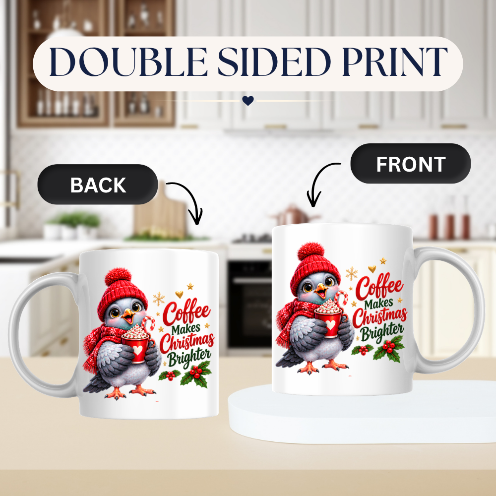 Christmas Mug "Coffee Makes Christmas Brighter Cute Bird" 325ml Ceramic Coffee Mug – Cute Christmas Bird in Red Beanie Hat Scarf Holding Cocoa Cup Holiday Gift For Bird Coffee Lovers | Available in Multicolours | Fast Dispatch by UK Seller (M3266)