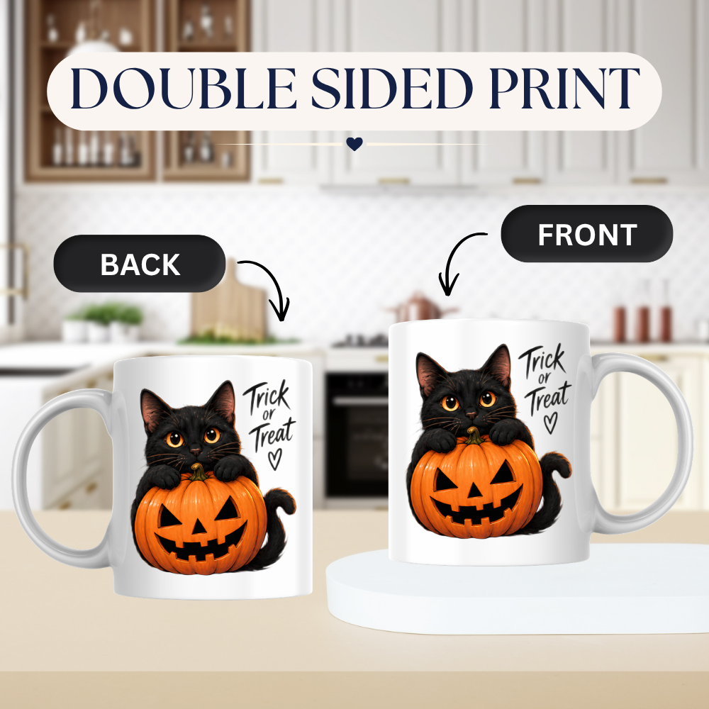 Halloween Mug "Black Cat Pumpkin Trick or Treat" Black Cat Pumpkin Trick or Treat 325ml Ceramic Coffee Mug – Cute Halloween Autumn Tea Cup With Black Kitty Jack O Lantern Graphic Gift | Available in Multicolours | Fast Dispatch by UK Seller (M3223)