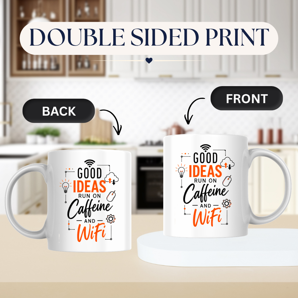 Tech Mug "Good Ideas Run On Caffeine And WiFi" Good Ideas Run On Caffeine And WiFi 325ml Ceramic Coffee Mug – Funny Tech & Office Typography Mug with Lightbulb, Cloud & WiFi Icons | Gift for IT & Remote Workers | Fast Dispatch by UK Seller (M3332)
