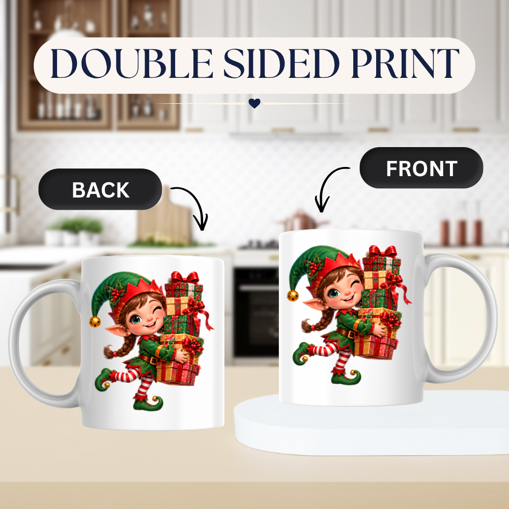 Christmas Mug "Winking Christmas Elf Stacked Presents" Winking Christmas Elf 325ml Ceramic Coffee Mug – Cute Festive Tea Cup with Elf Outfit Jingle Bells Wrapped Gift Stack Graphic Gift | Available in Multicolours | Fast Dispatch by UK Seller (M3183)