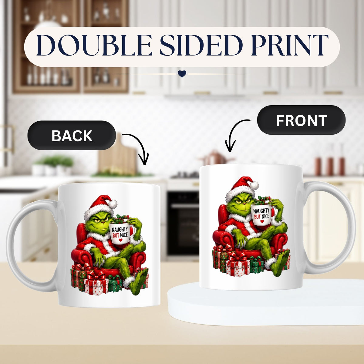 Sarcastic Mug "Naughty But Nice" Green Holiday Character 325ml Ceramic Coffee Mug Funny Grumpy Christmas Tea Cup with Santa Suit & Armchair Gift | Available in Multicolours | Fast Dispatch by UK Seller (M1239)