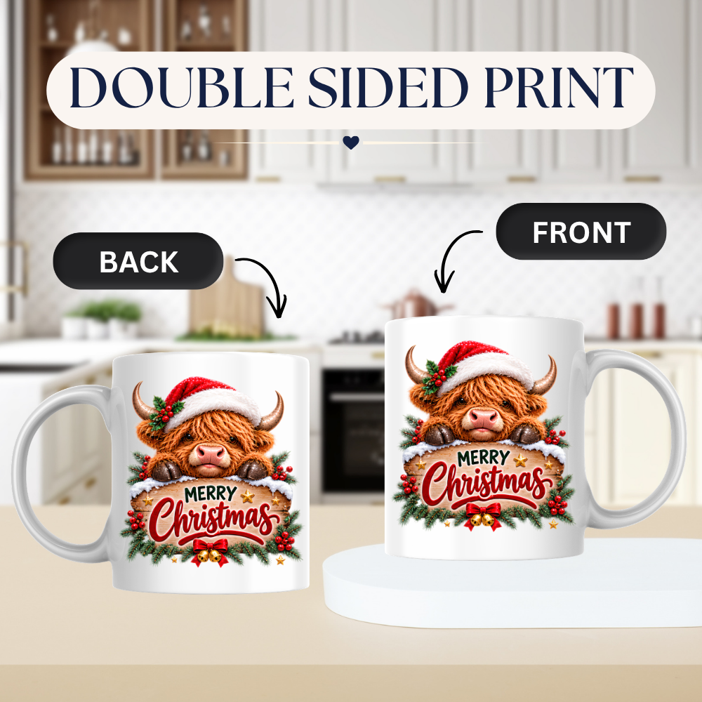 Christmas Mug "Peeking Santa Hat Highland Cow" Peeking Santa Hat Highland Cow 325ml Ceramic Coffee Mug – Cute Festive Wooden Sign Tea Cup With Holly Jingle Bells Graphic Present | Available in Multicolours | Fast Dispatch by UK Seller (M3171)
