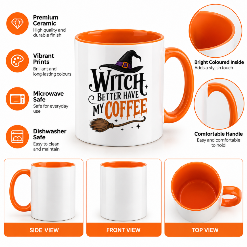 Halloween Mug "Witch Better Have My Coffee" Witch Better Have My Coffee 325ml Ceramic Coffee Mug – Funny Halloween Autumn Tea Cup with Witch Hat Broomstick Sparkles Graphic Gift | Available in Multicolours | Fast Dispatch by UK Seller (M3203)