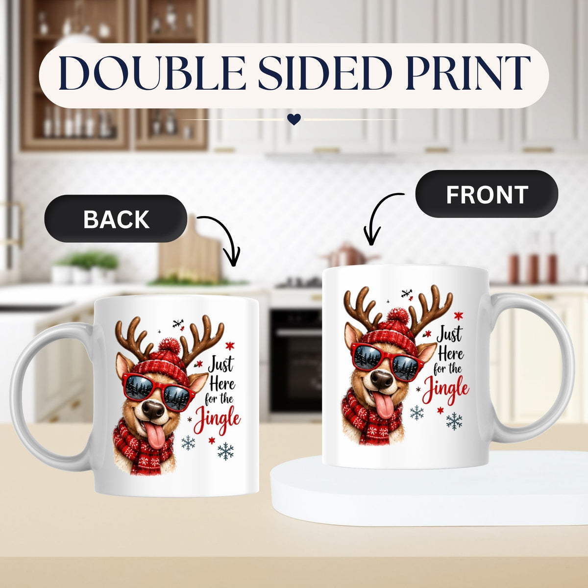 Fun Mug "Just Here for the Jingle" Reindeer 325ml Ceramic Coffee Mug Cool Winter Holiday Tea Cup with Sunglasses, Red Beanie & Scarf Gift | Available in Multicolours | Fast Dispatch by UK Seller (M1260)